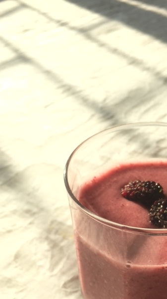 Frozen banana, strawberry, mulberry and celery smoothie