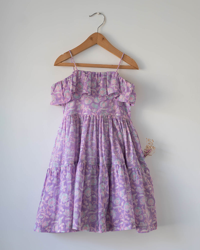 Girls' purple butterfly hand block print mal mal cotton dress with tiered layers and crochet tassle at back tie ups.