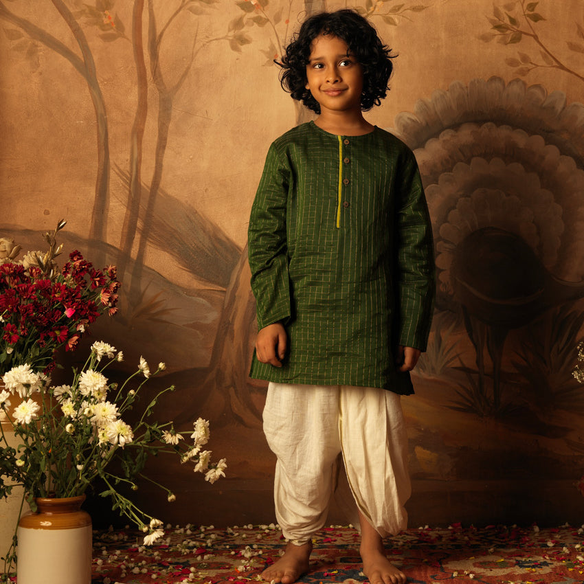 Green Indian festive Kurta with golden checks made with Handwoven cotton silk. Perfect Kids silk wear, ethnic wear for kids, festive clothing for kids.