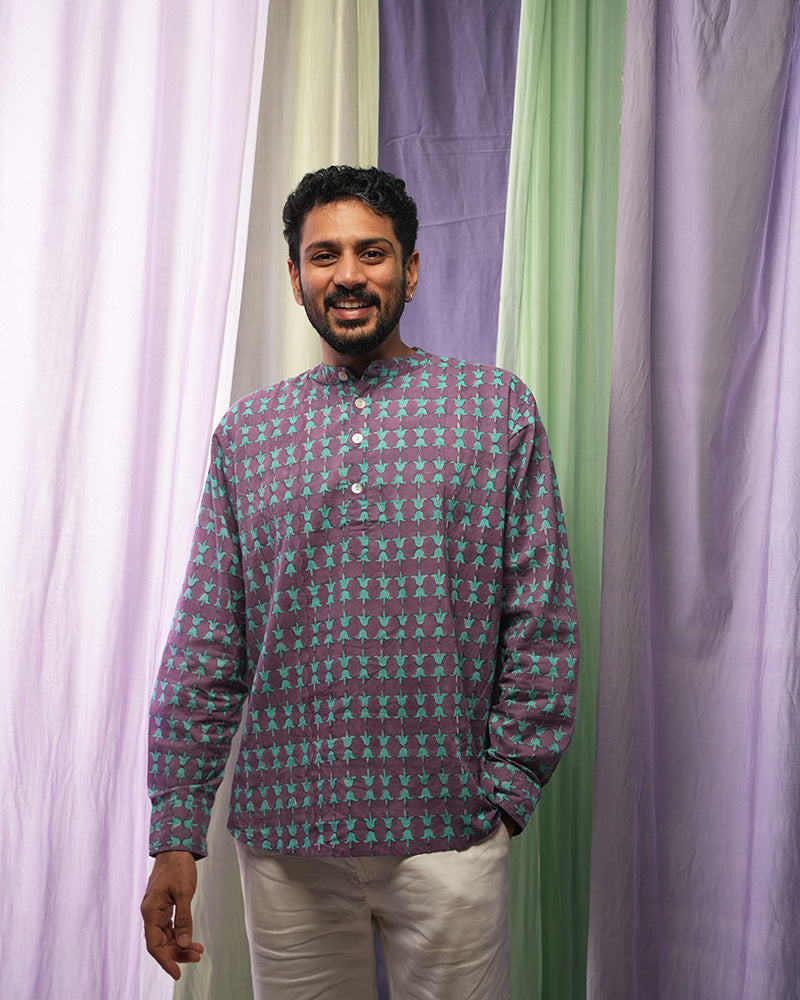 ‘Spring of tulips’ men’s full sleeve chinese collar kurta shirt in hand block printed cotton