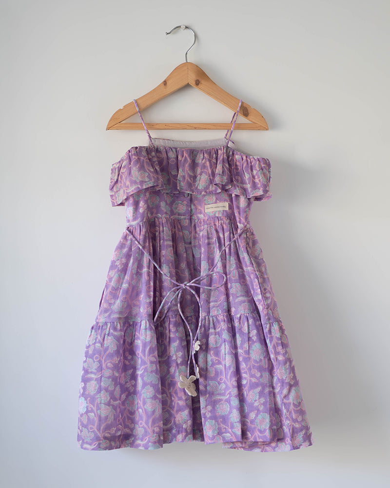 Girls' purple butterfly hand block print mal mal cotton dress with tiered layers and crochet tassle at back tie ups.