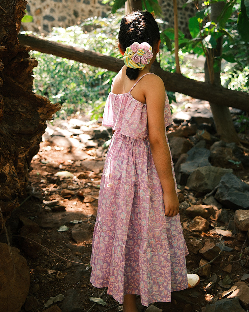 Girls' purple butterfly hand block print mal mal cotton dress with tiered layers and crochet tassle at back tie ups.