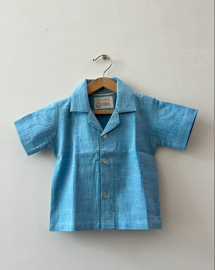 ‘Boogie’ kids half sleeve shirt in blue slub handwoven cotton