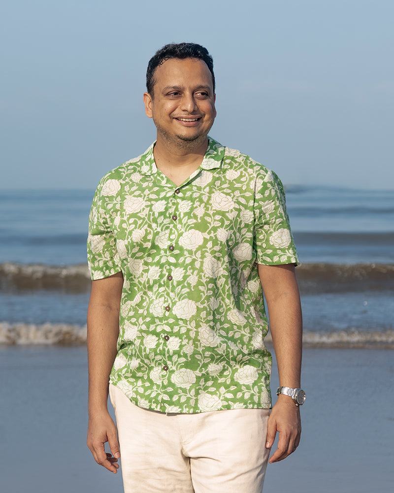‘Groove’ Men's green floral hand block print cotton casual shirt