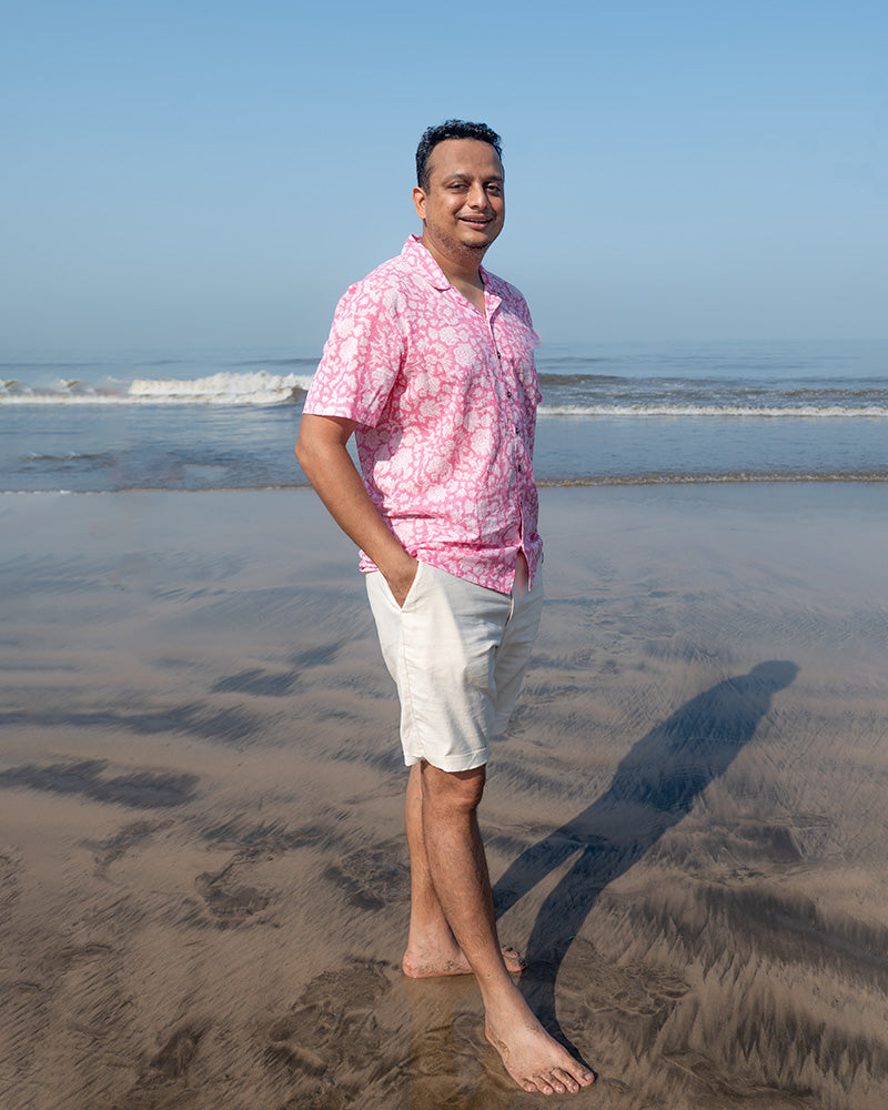 ‘Groove’ Men's pink floral hand block print mal mal shirt