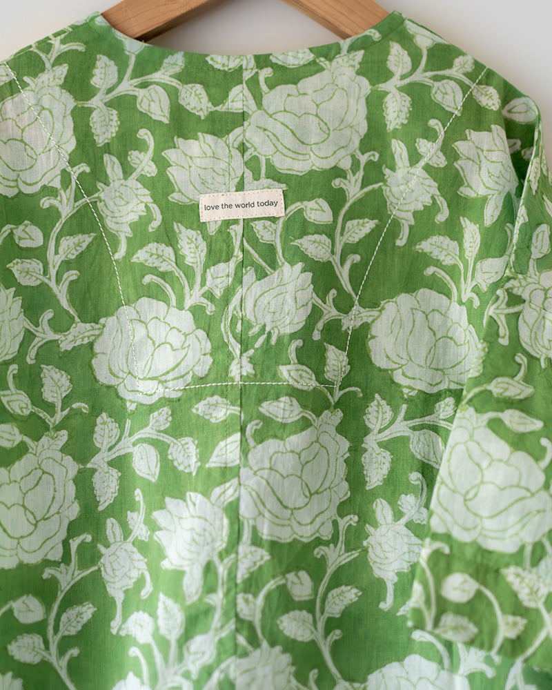 Unisex vintage print forest green colour floral kimono shirt and shorts coord set for girls and boys in breathable mulmul cotton that is hand block printed in Jaipur. Shorts have a soft elastic waist, coconut shell buttons and is handmade in India