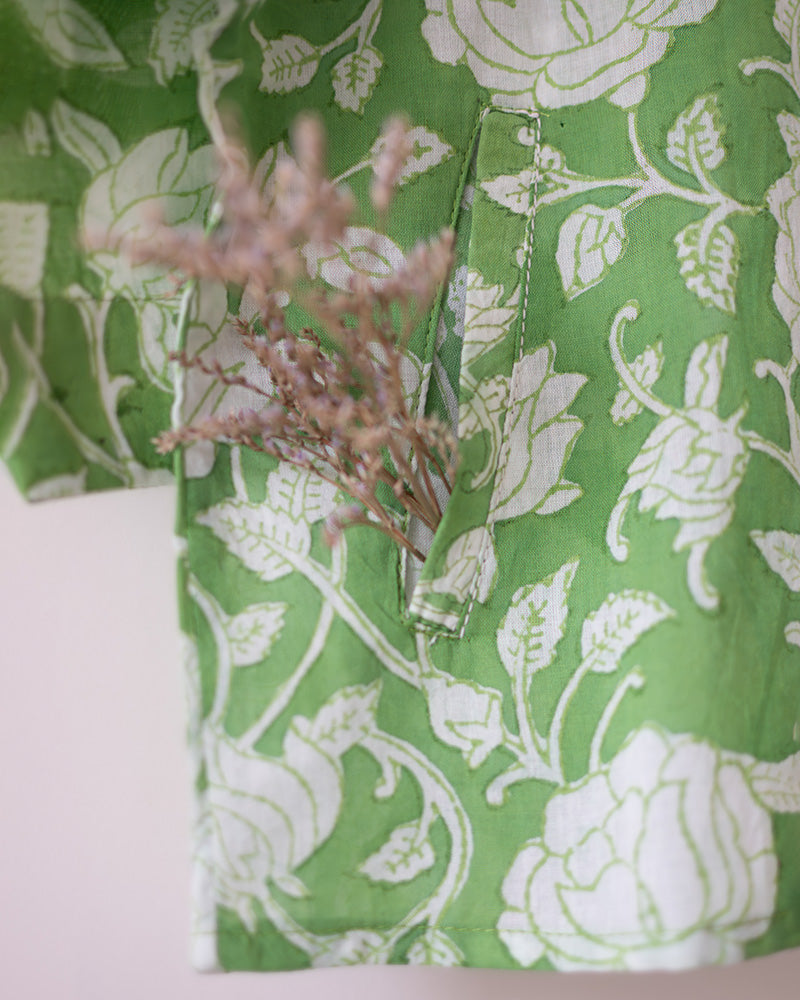 Unisex vintage print forest green colour floral kimono shirt and shorts coord set for girls and boys in breathable mulmul cotton that is hand block printed in Jaipur. Shorts have a soft elastic waist, coconut shell buttons and is handmade in India