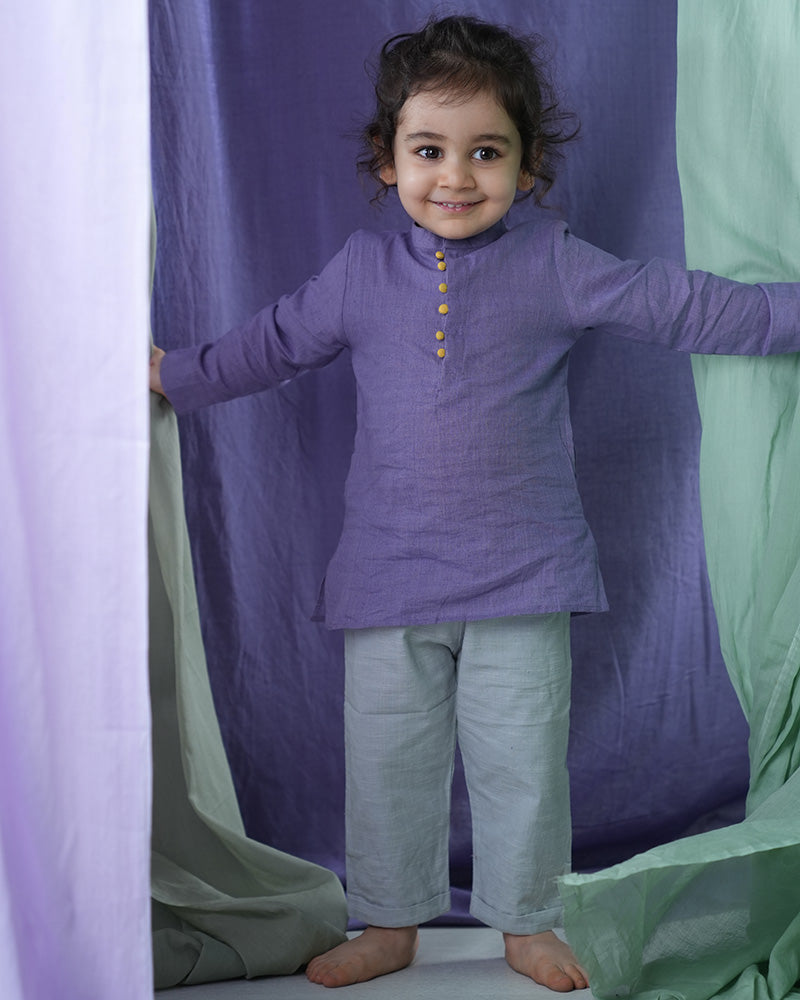 ‘Lilac Meadow’ boy’s full sleeve chinese collar ethnic kurta shirt in handwoven cotton