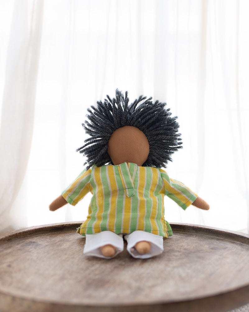 san (pronounced sahn) WA Doll in green yellow stripes kurta