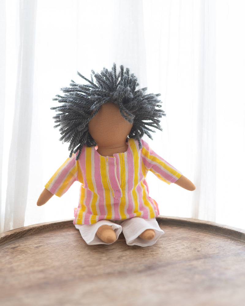 san (pronounced sahn) WA Doll in pink yellow stripes kurta