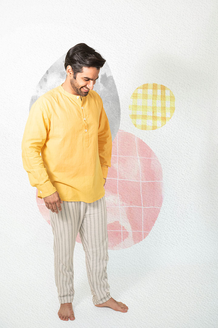 'Family tradition' mens full sleeve chinese collar kurta shirt in yell