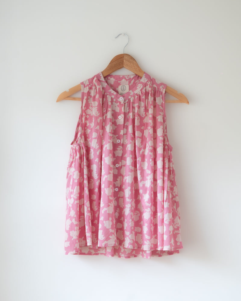 Baby Pink Floral hand block print cotton top with natural shell buttons