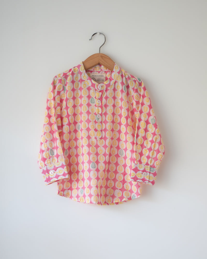 Light pink floral hand block print mandarin collar full sleeve kurta for natural front buttons.