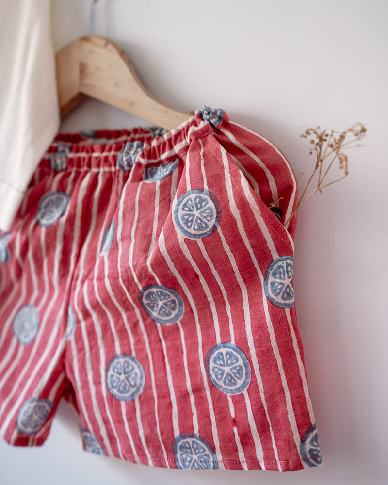 100% Cotton striped Shorts hand block printed by artisans in Jaipur, Rajasthan. Shorts has pockets and elastication at waist for ease of wear.