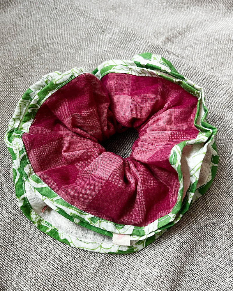 Pink checks and green floral scrunchie.