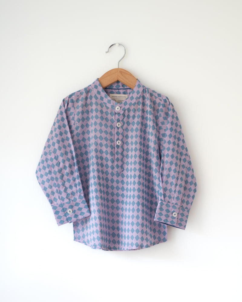 Deep purple & blue Rhombus geometric hand block printed mandarin collar full sleeve shirt with shell buttons.