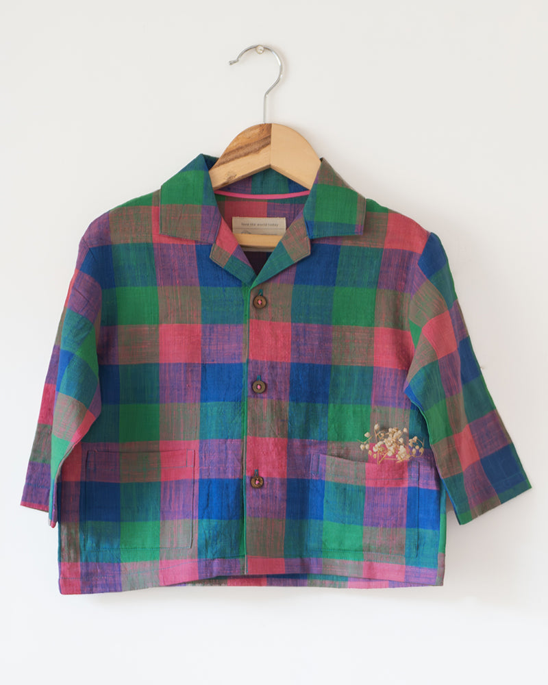 Multi color handwoven cotton checks baggy shirt with Cuban collar for boys.