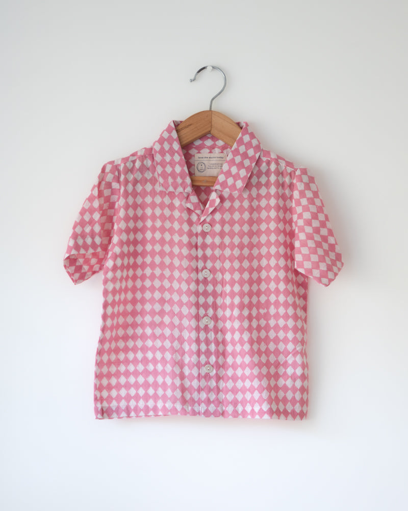 Baby Pink Rhombus geometric hand block printed cuban collar shirt with shell buttons.