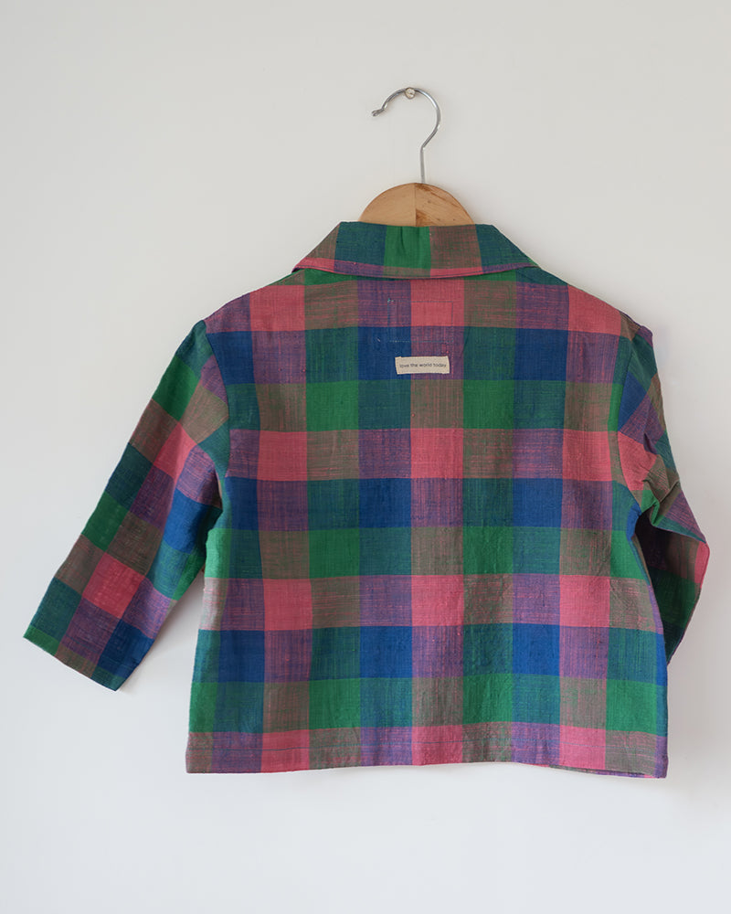 Multi color handwoven cotton checks baggy shirt with Cuban collar for boys.