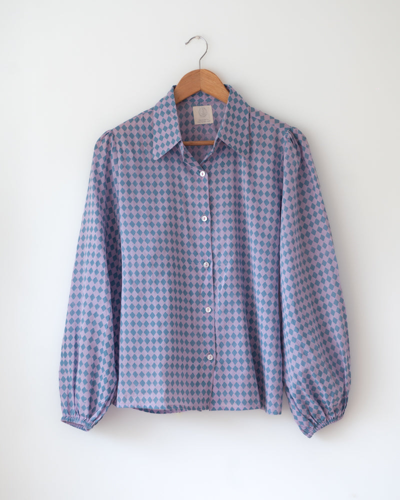 Geometric Rhombus hand block printed shirt for women with shell buttons and balloon sleeves.