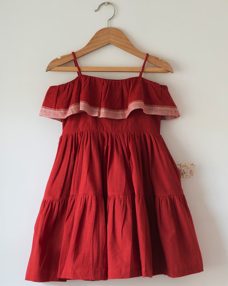 Handwoven cotton red tiered maxi dress with shoulder straps.