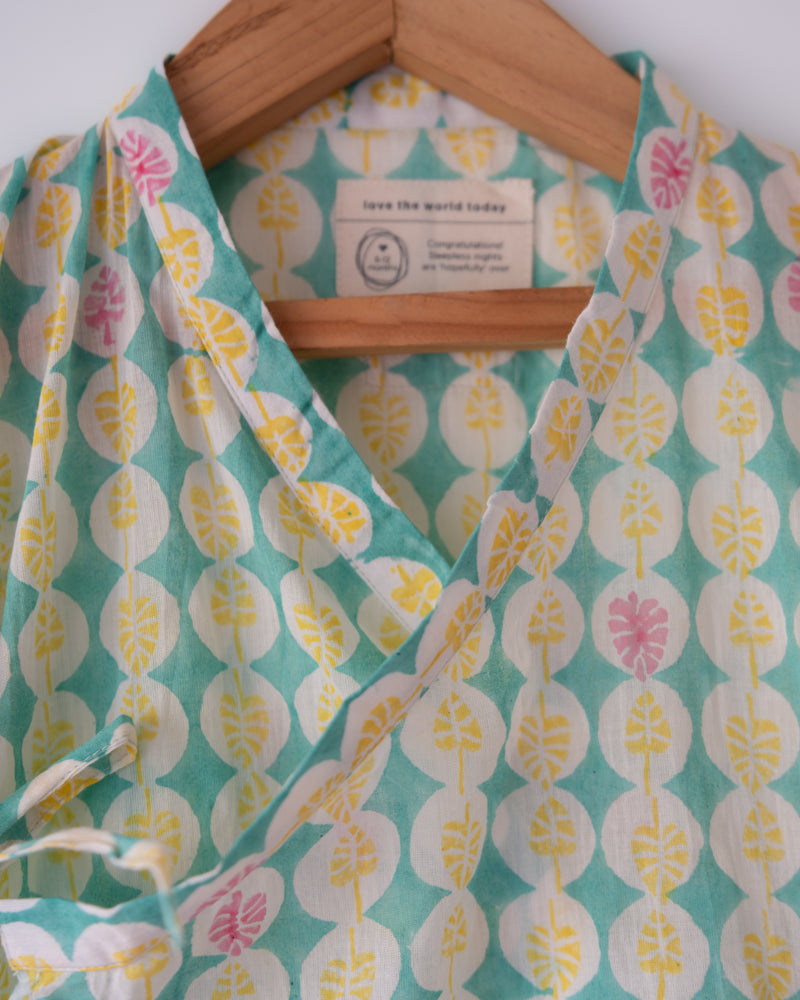 Light green hand block print anrakha kurta with side tie ups.