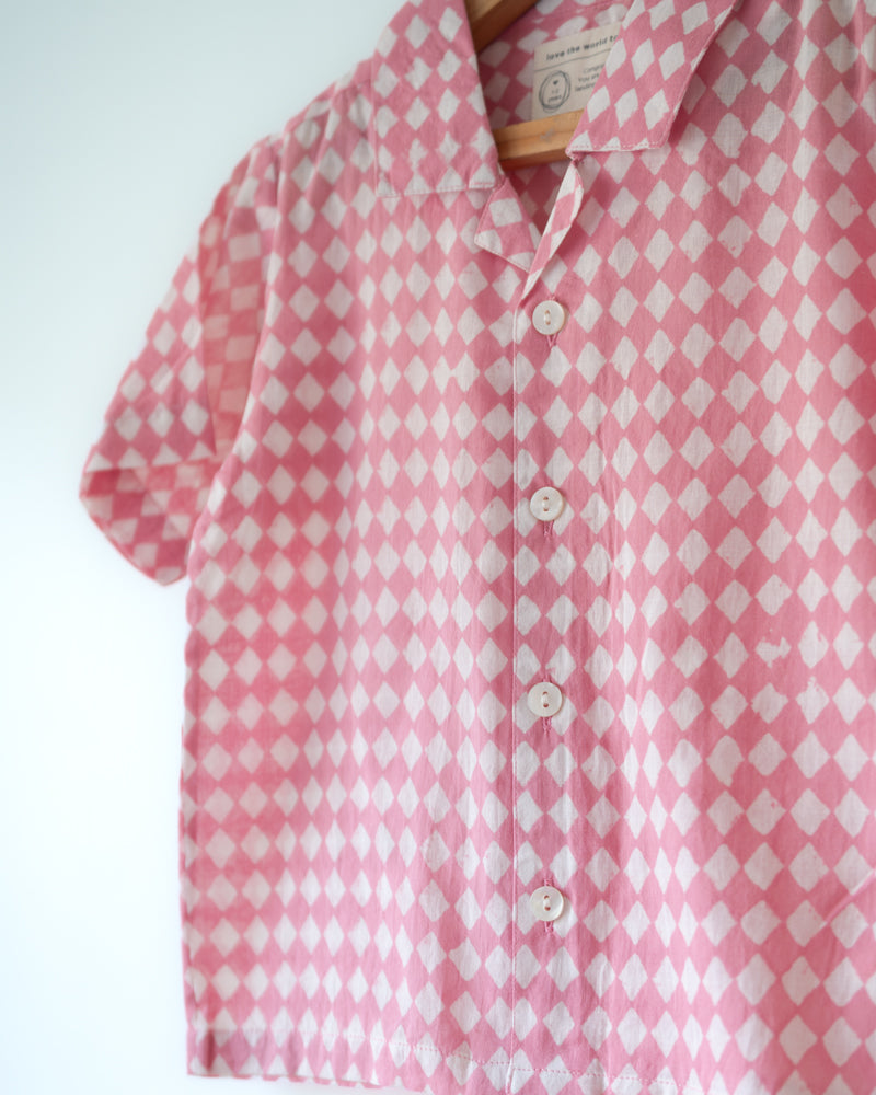 Baby Pink Rhombus geometric hand block printed cuban collar shirt with shell buttons.