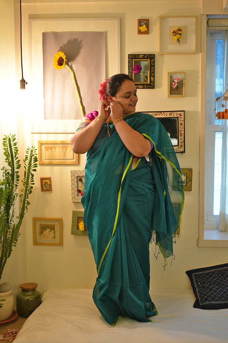 Panna green handwoven saree with contrast lime green selvedge Love