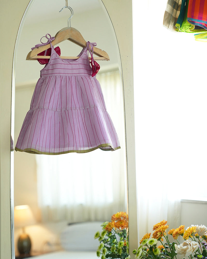 Bbay girl ethnic wear purple dress with pink stripes and tie up