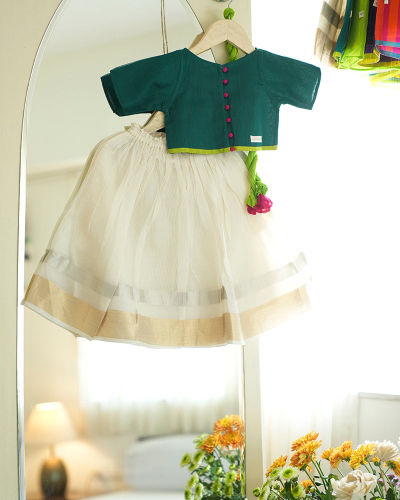 Kids green choli white lehenga set for Onam Diwali Weddings