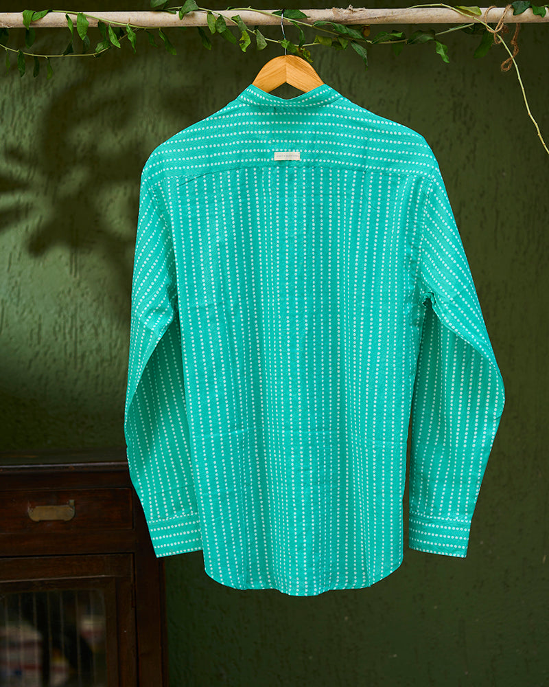 mens-pure-cotton-full-sleeve-shirt-blue-white-polka-handblock-print-chinese-collar-with-white-pants