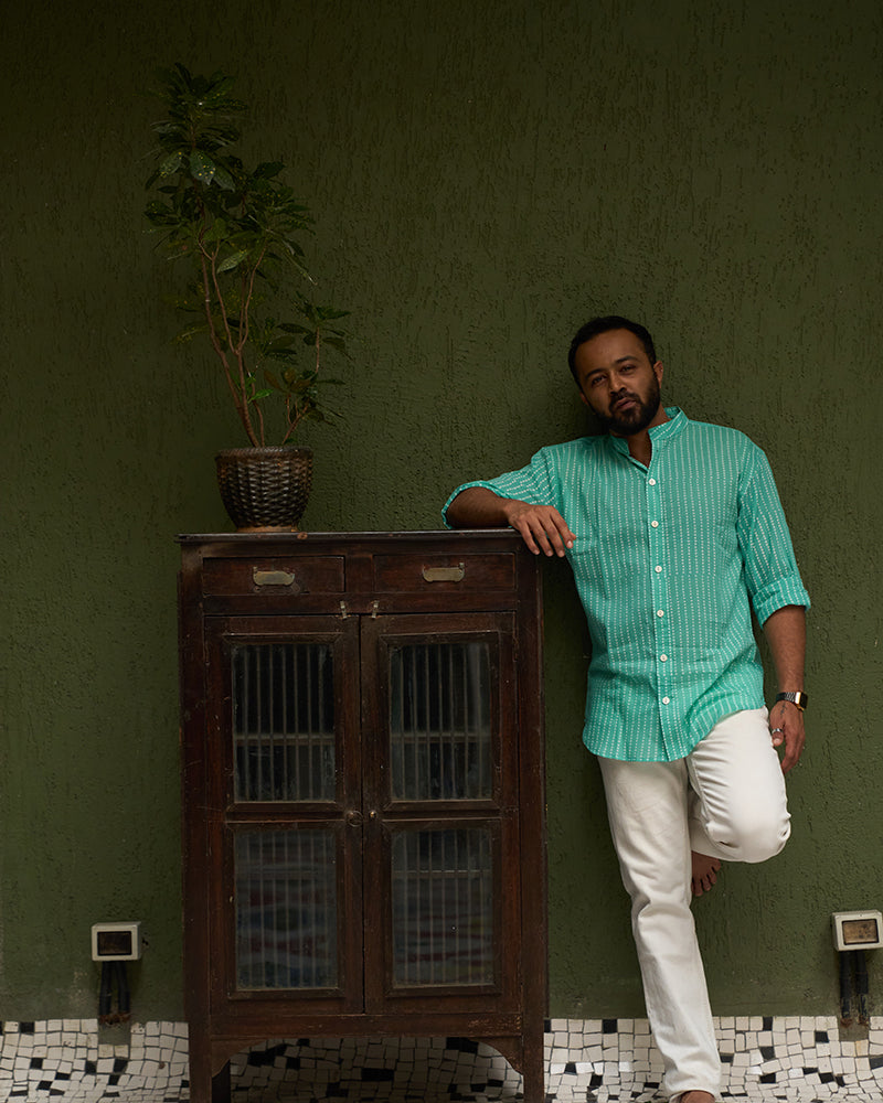mens-pure-cotton-full-sleeve-shirt-blue-white-polka-handblock-print-chinese-collar-with-white-pants