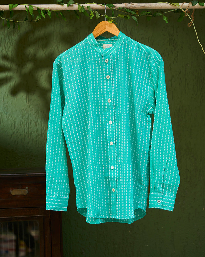 mens-pure-cotton-full-sleeve-shirt-blue-white-polka-handblock-print-chinese-collar-with-white-pants