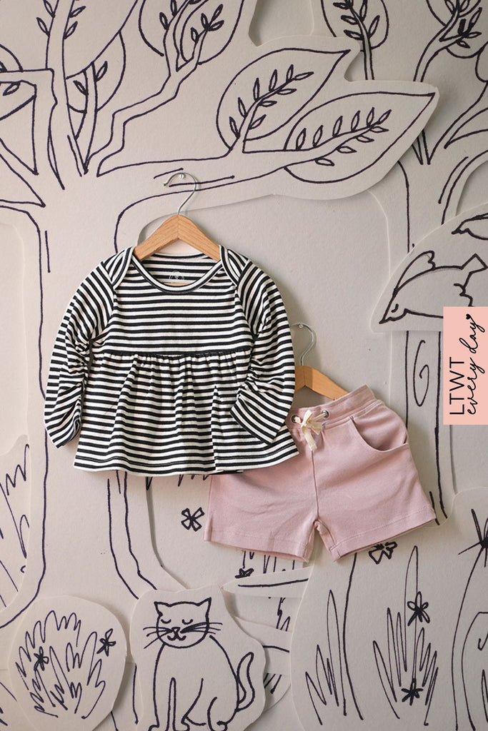 Girls-top-shorts-set-pink-black stripes