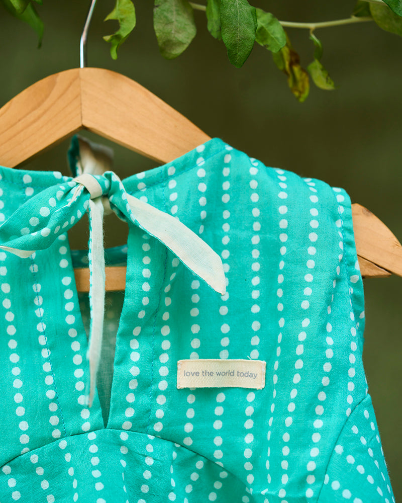 sleeveless-summer-flared-girls-top-in-blue-with-white-dot-with-pockets-in-100%-cotton-handblock-printed-in-Jaipur