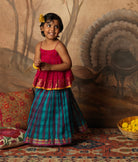 Pink red checkered cotton silk top with blue and purple checkered lehenga in handwoven silk. Kids silk ethnic outfits.