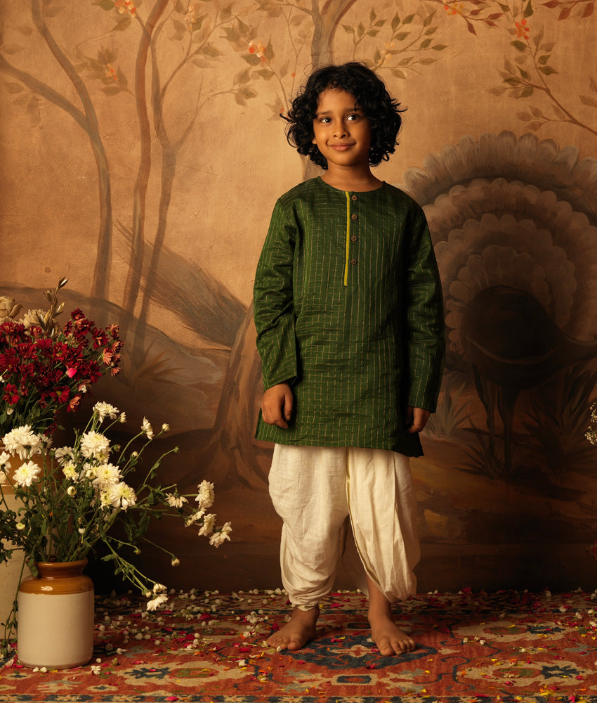 Green Indian festive Kurta with golden checks made with Handwoven cotton silk. Perfect Kids silk wear, ethnic wear for kids, festive clothing for kids.