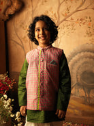 Pink and grey checks Indian festive bandi nehru jacket made with Handwoven cotton silk. Perfect festive Kids silk ethnic wear.