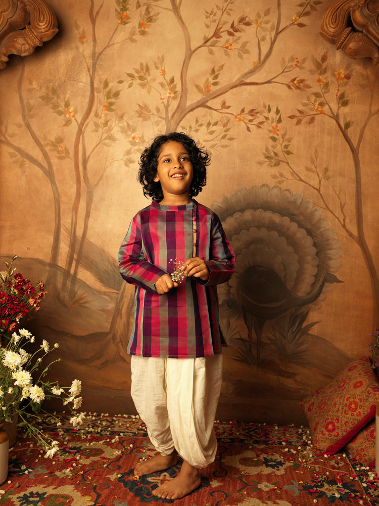 Pink, purple and grey checkered side button Indian festive Kurta made with Handwoven cotton silk. Perfect Kids festive silk ethnic wear. Paired with handwoven kora dhoti.