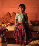 Light blue and grey striped full sleeve blouse with a deep purple, pink and grey checkered handwoven cotton silk lehenga. Perfect Kids ethnic outfits.