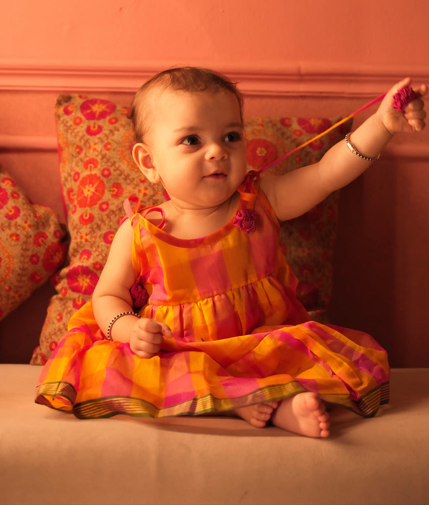 Dahlia infant tiered festive dress in pink yellow checks (0-12 months)