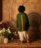 Green Indian festive Kurta with golden checks made with Handwoven cotton silk. Perfect Kids silk wear, ethnic wear for kids, festive clothing for kids.