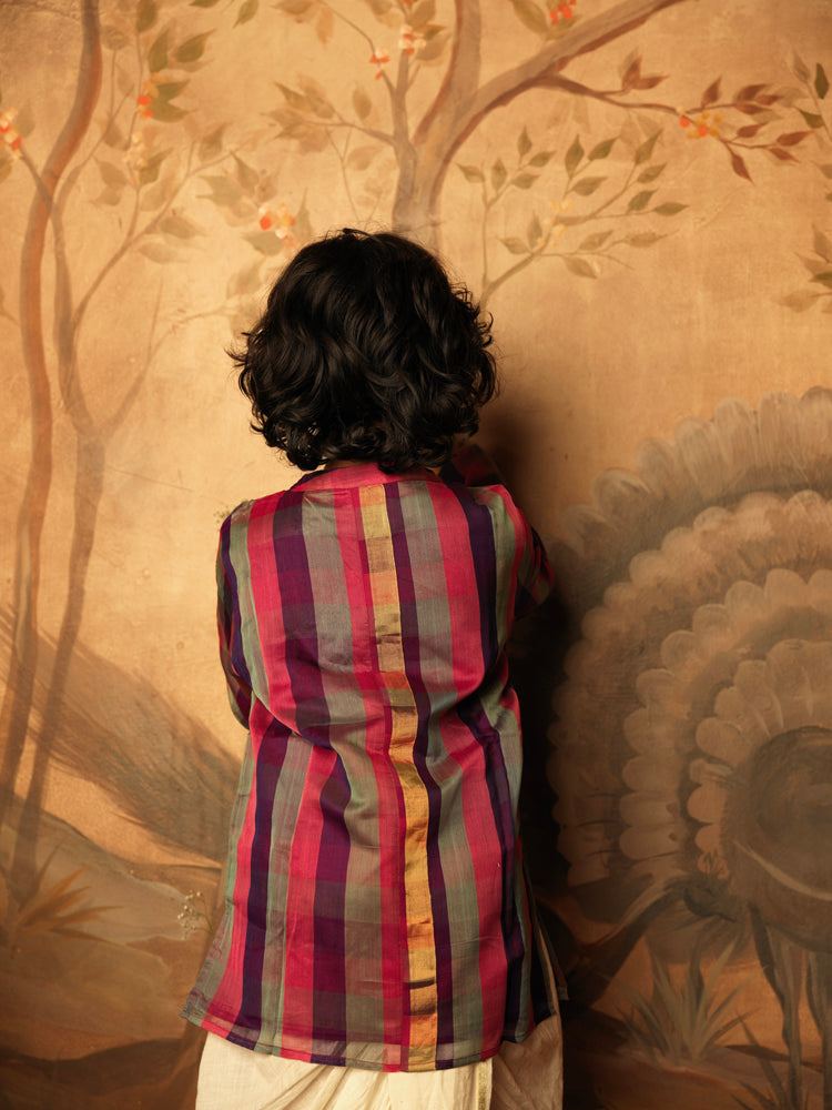 Pink, purple and grey checkered side button Indian festive Kurta made with Handwoven cotton silk. Perfect Kids festive silk ethnic wear.