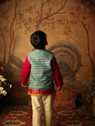 Teal Blue and grey striped Indian festive bandi nehru jacket made with Handwoven cotton silk. Perfect festive Kids silk ethnic wear. Paired with off white kora pants.