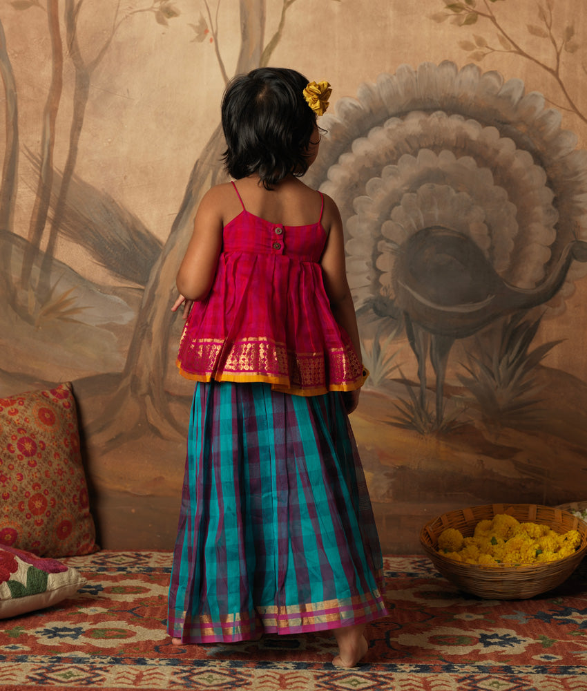 Pink red checkered cotton silk top with blue and purple checkered lehenga in handwoven silk. Kids silk ethnic outfits.