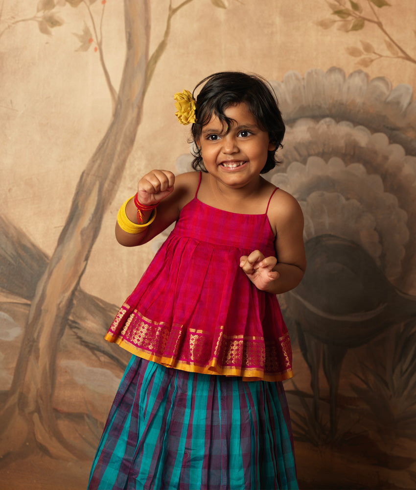 Pink red checkered cotton silk top with blue and purple checkered lehenga in handwoven silk. Kids silk ethnic outfits.