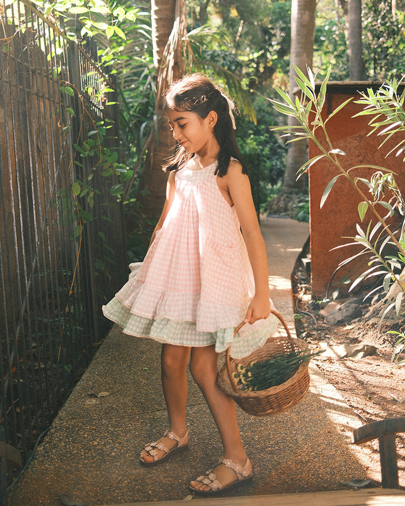 Pocketful of Sunsets dress in rhombus block print