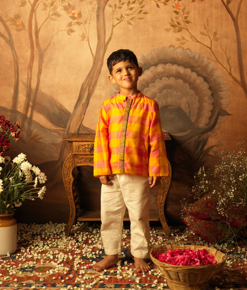 Dahlia ethnic jodhpuri shirt kurta in pink yellow checks