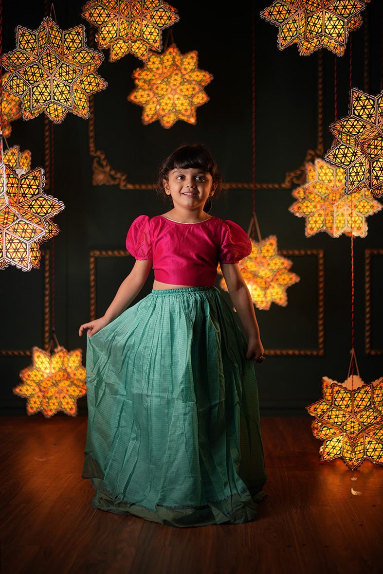 Dahlia girls ethnic wear set with teal lehenga skirt and a pink