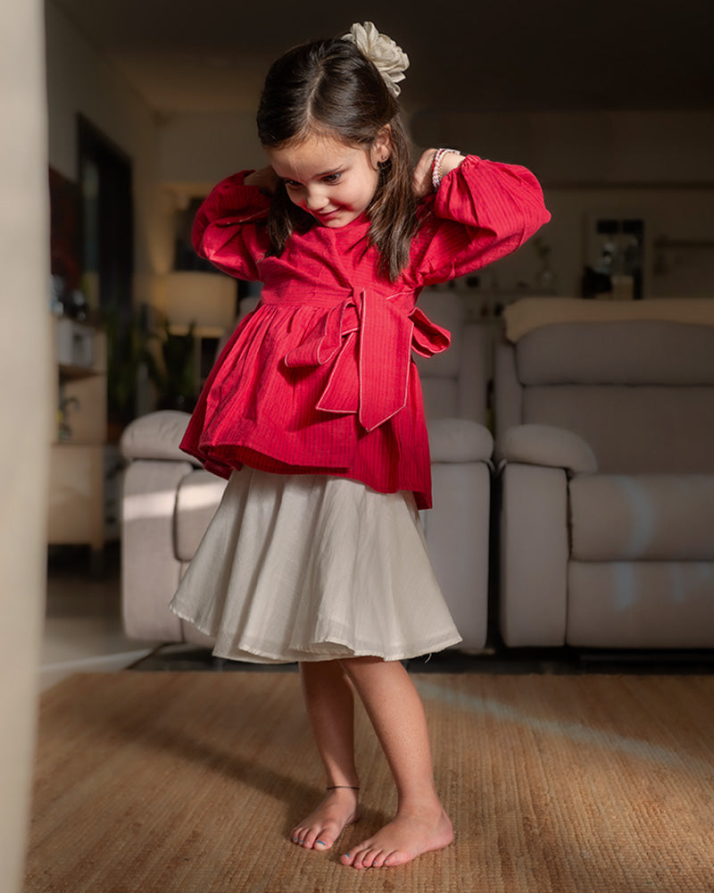 White Shirt Red Skirt For Baby Girl 'Sunshine' Wrap Tie Top In Red